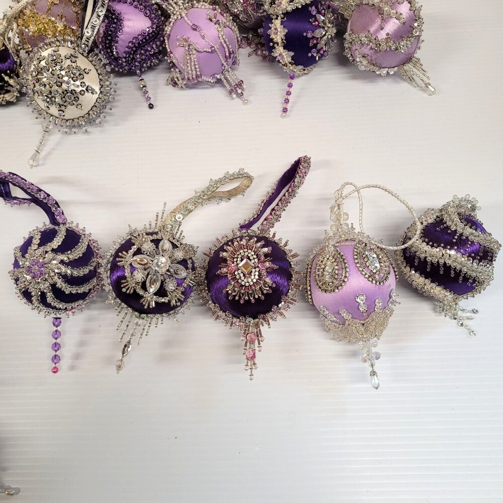 Beaded Sequin Push Pin Satin Christmas Ornaments Lot 35 Handmade Purple Lavender - Picture 7 of 10